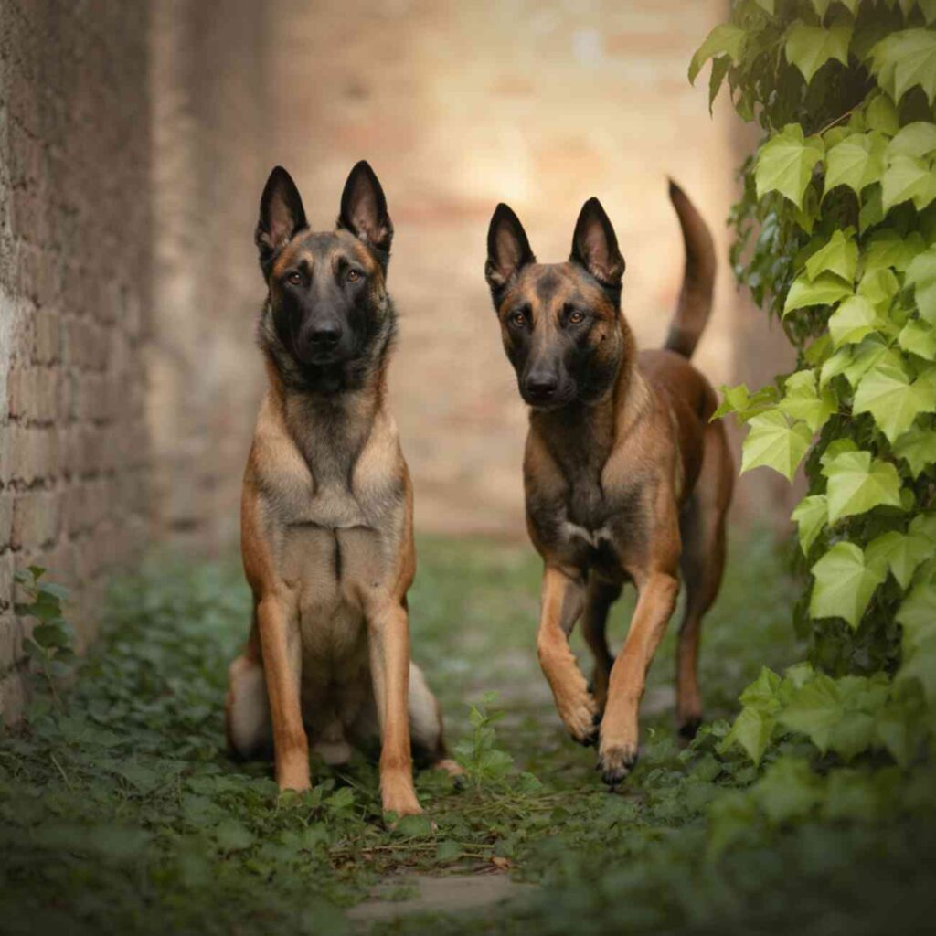 Deux chiens malinois errants photographiés ensemble, semblables à ceux impliqués dans l’attaque de Milhaud contre un père et son fils.