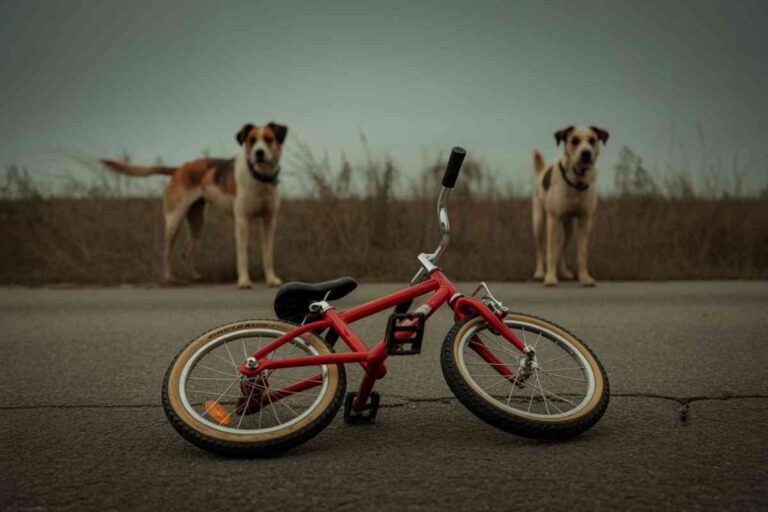 Un vélo d’enfant abandonné au sol devant deux chiens, image symbolique d’une attaque à Milhaud dans le Gard.