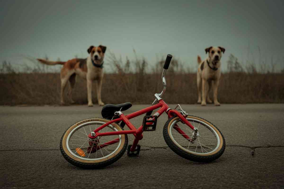 Un vélo d’enfant abandonné au sol devant deux chiens, image symbolique d’une attaque à Milhaud dans le Gard.