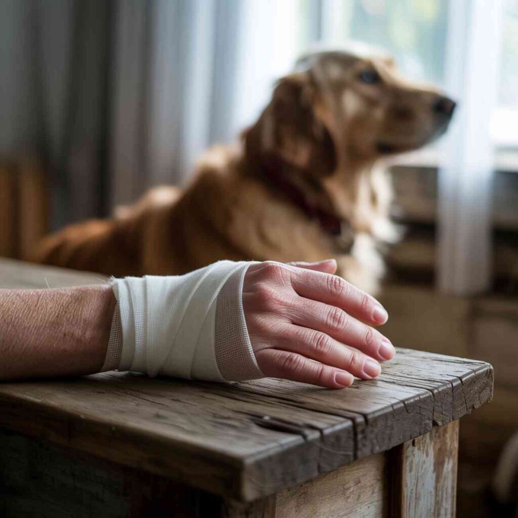 Main d’un homme blessé et bandée après une morsure de chien, symbolisant le père attaqué à Milhaud par deux chiens errants.