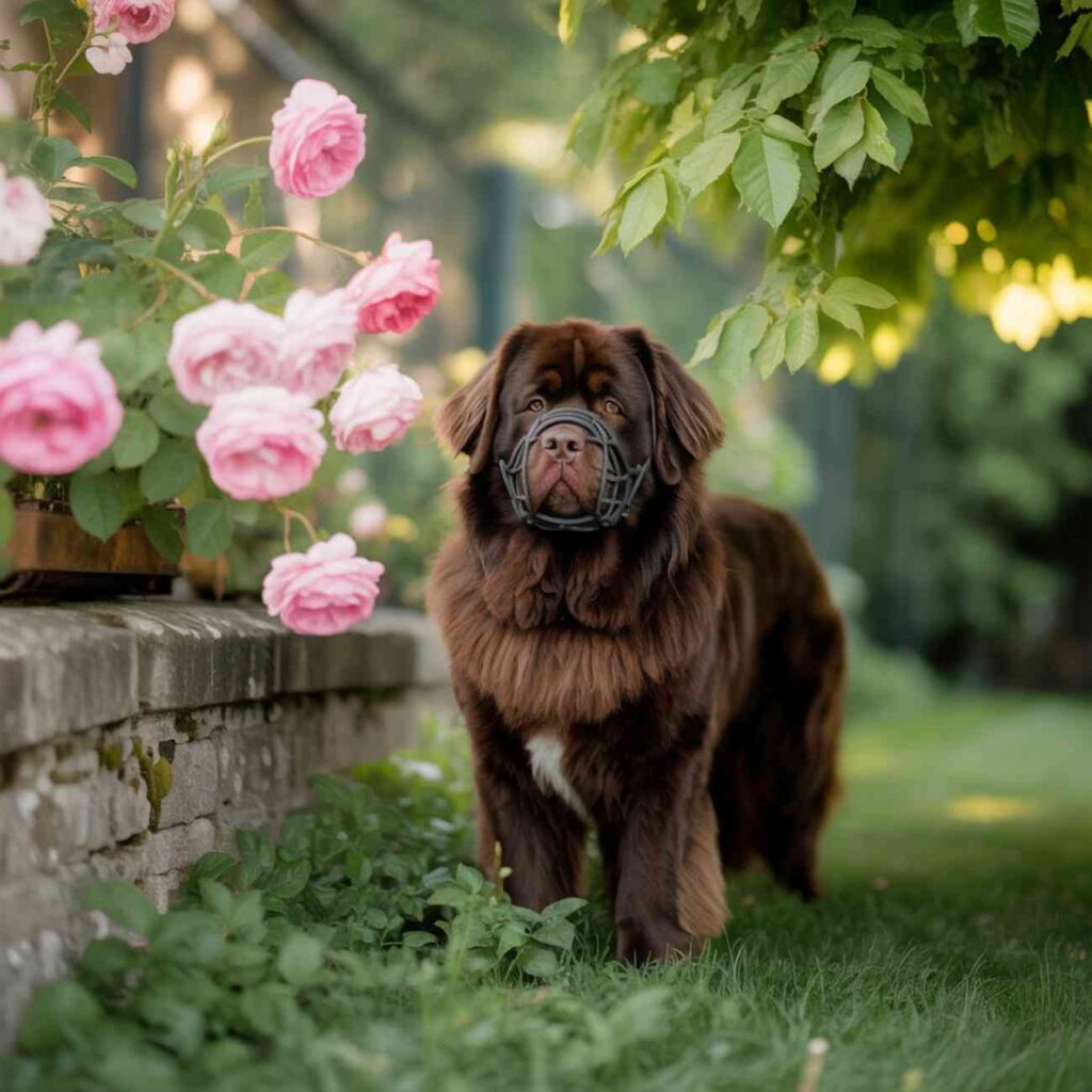 Un chien terre-neuve paisible assis dans un jardin fleuri, illustration de Vargas évoqué dans l’épisode 12 de Rex & Minou.