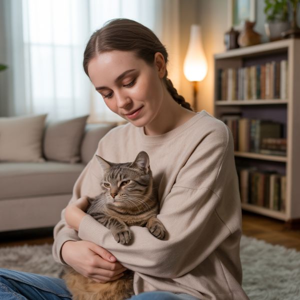 Jeune femme assise dans son salon, tenant tendrement un chat dans ses bras, dans une ambiance calme et chaleureuse.