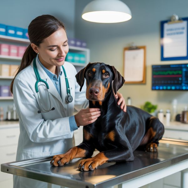 Vétérinaire examinant un doberman sur une table de consultation dans un cabinet médical moderne.