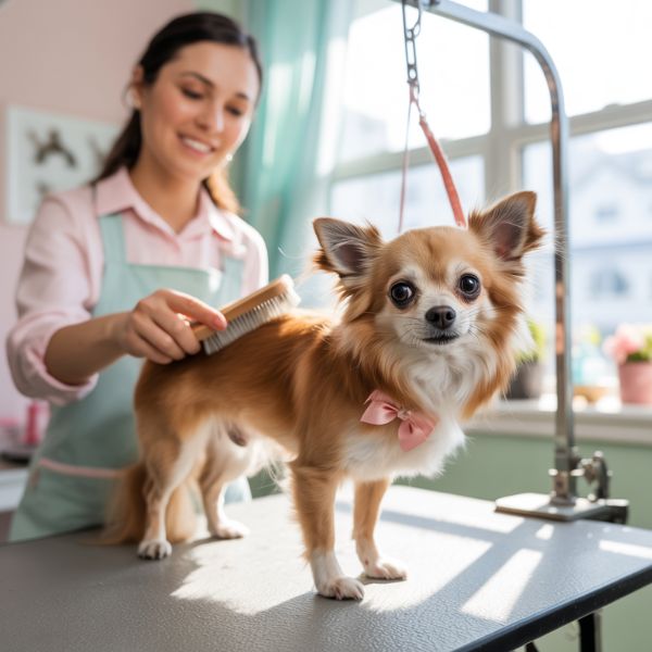 Toiletteuse souriante prenant soin d’un chihuahua sur une table de toilettage dans un salon professionnel.