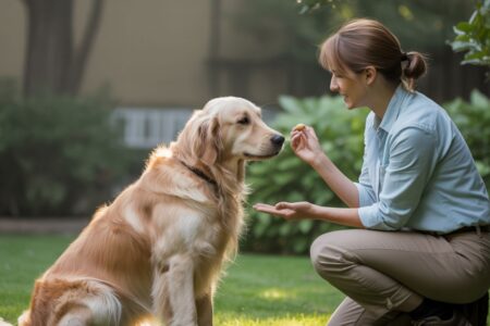 Professionnelle du comportement animal en séance d'éducation avec un chien dans un jardin.