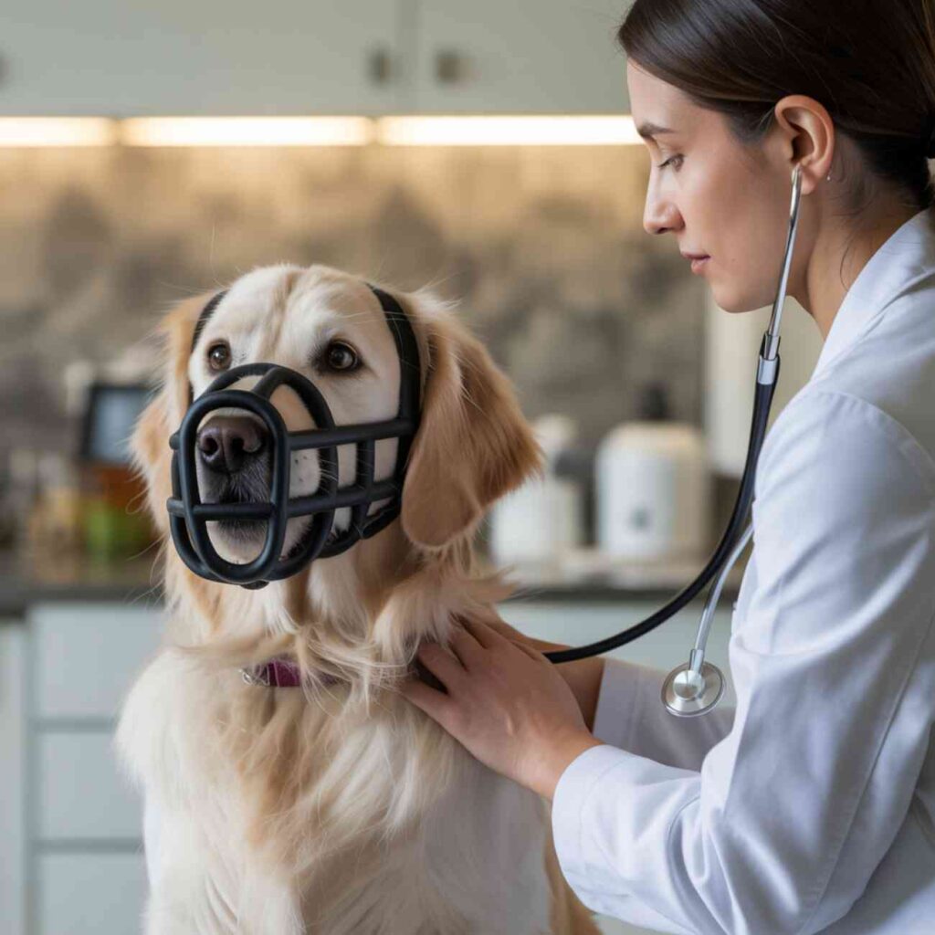 Chien portant une muselière noire pendant un examen vétérinaire, tenu calmement par une vétérinaire avec un stéthoscope.