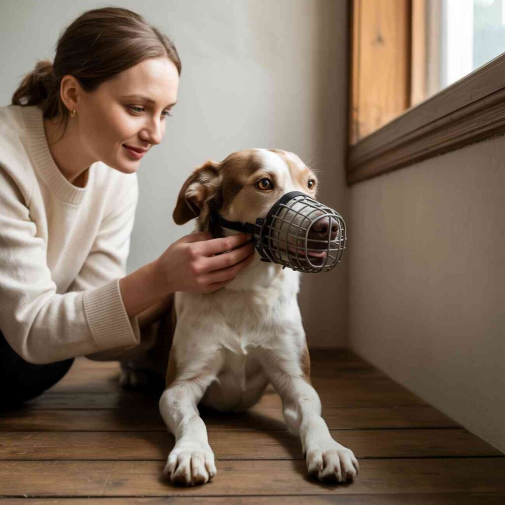Jeune femme souriante apprenant à son chien à porter une muselière en douceur, dans un intérieur lumineux en bois.