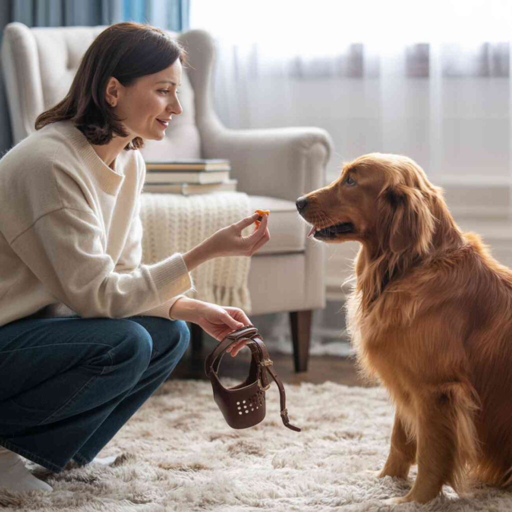 Femme montrant une friandise à un chien assis, tout en tenant une muselière dans l’autre main, dans un salon lumineux et cosy.