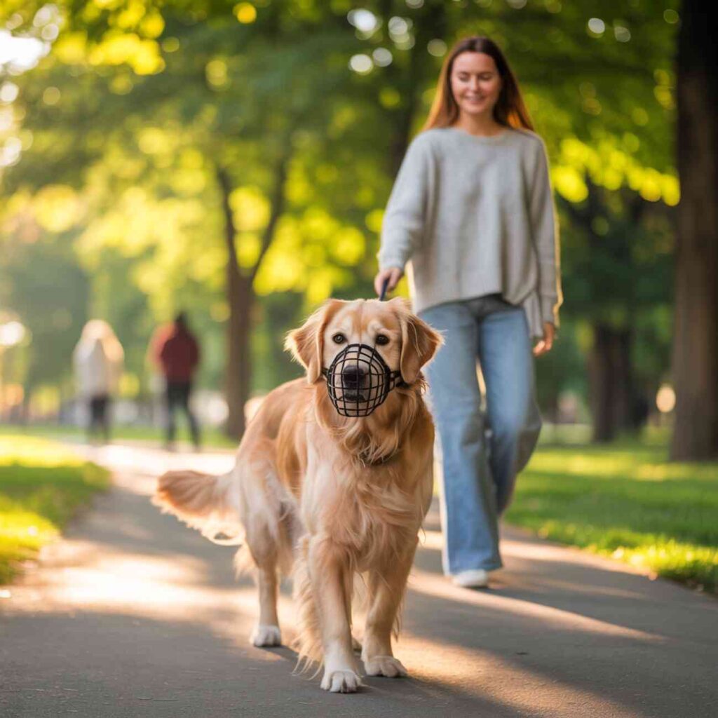 Femme souriante promenant un Golden Retriever muselé dans un parc ensoleillé, avec des passants en arrière-plan.