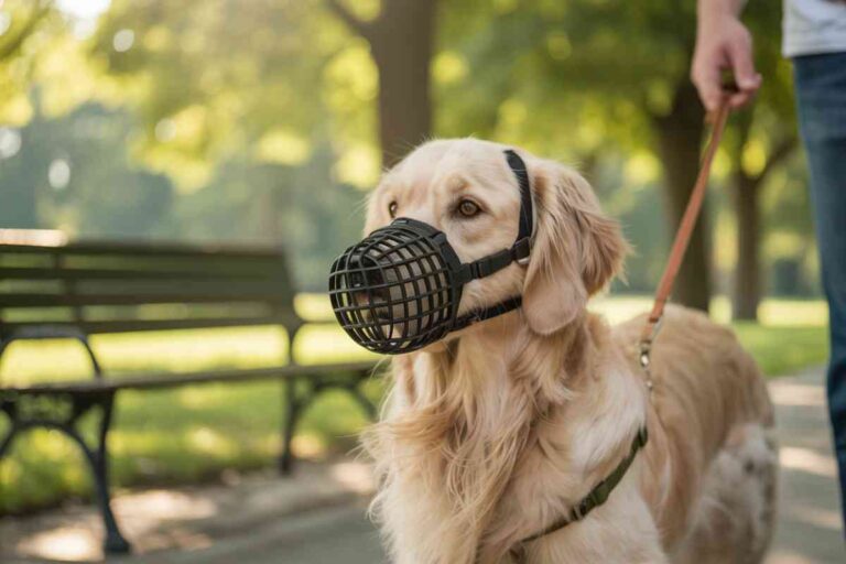 Chien de race Golden Retriever portant une muselière panier noire lors d’une promenade dans un parc, tenu en laisse par son maître.
