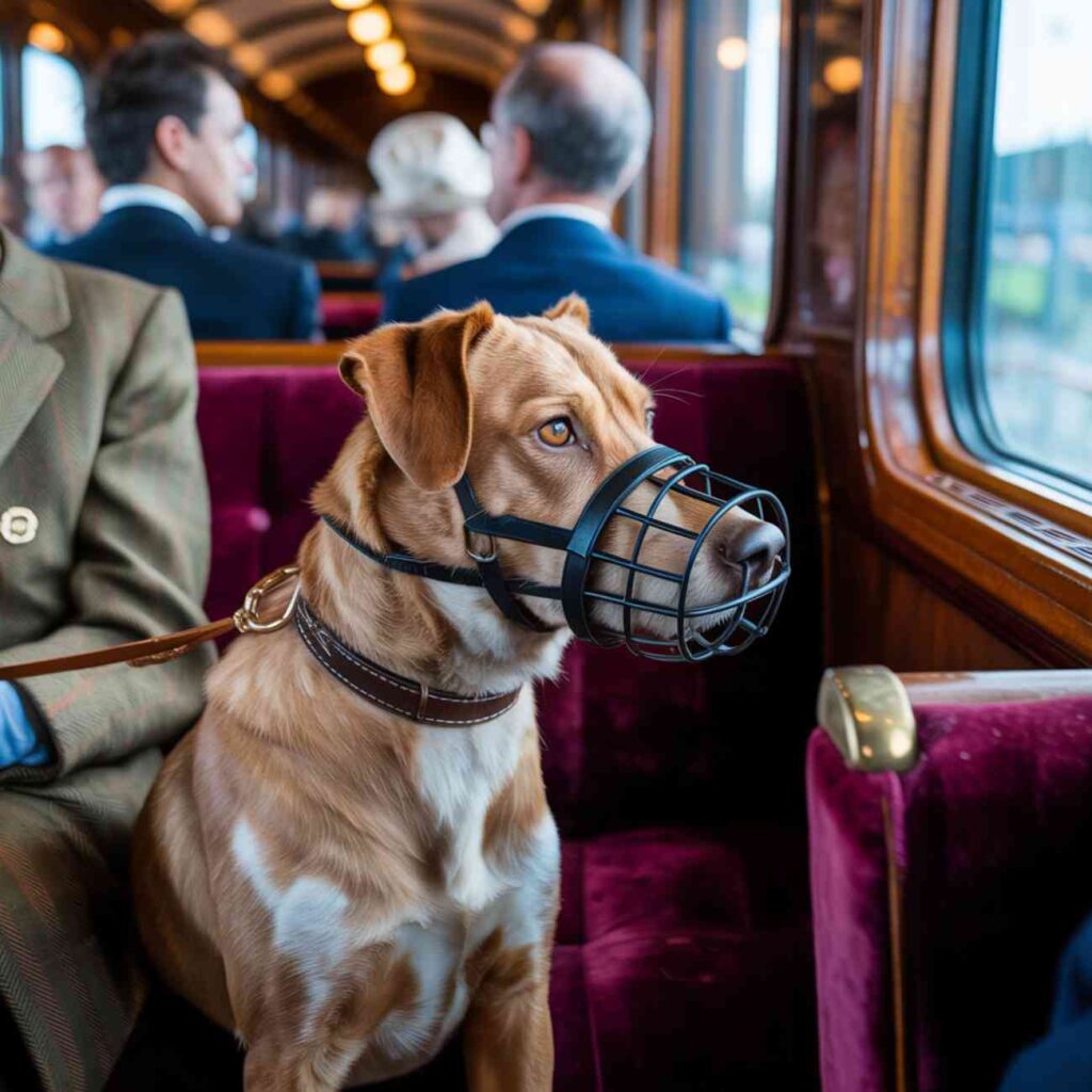 Chien muselé assis dans un wagon de train, attaché en laisse, regardant par la fenêtre.