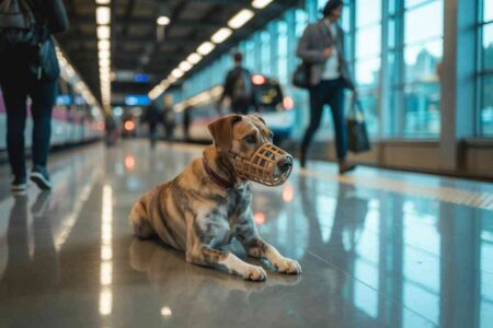 Un chien muselé couché dans une gare moderne, attendant son maître, avec des passagers et un train en arrière-plan.