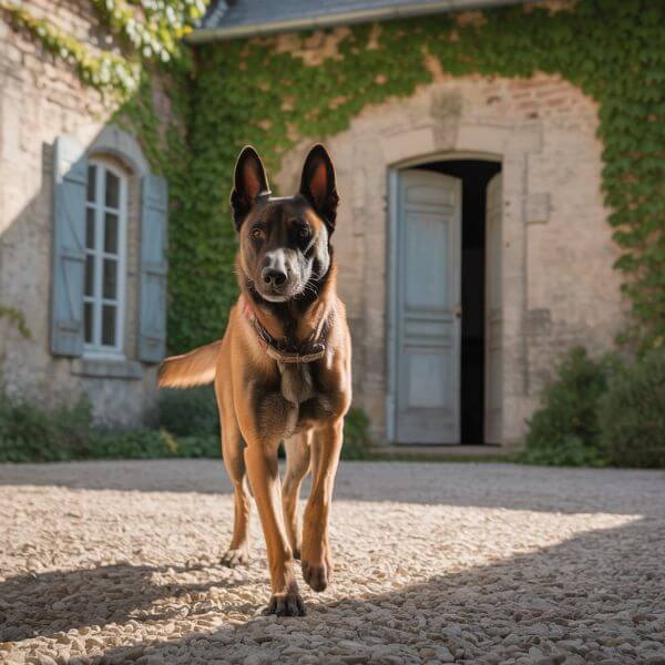 Chien pisteur devant une maison, illustration du rôle du maître-chien dans le procès Jubillar.