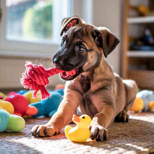 Chiot mordillant une corde rouge entouré de jouets colorés, symbole d’énergie et de désordre quotidien.