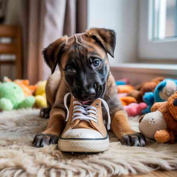 Chiot mordillant une basket posée au sol, entouré de jouets colorés.