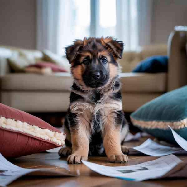 Chiot assis dans un salon avec des coussins éventrés et des papiers déchirés autour de lui.