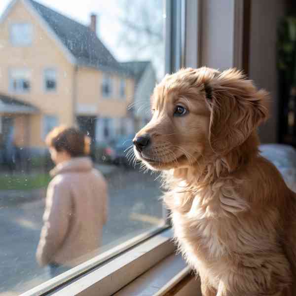 Chiot regardant par une fenêtre, semblant attendre le retour de son maître.