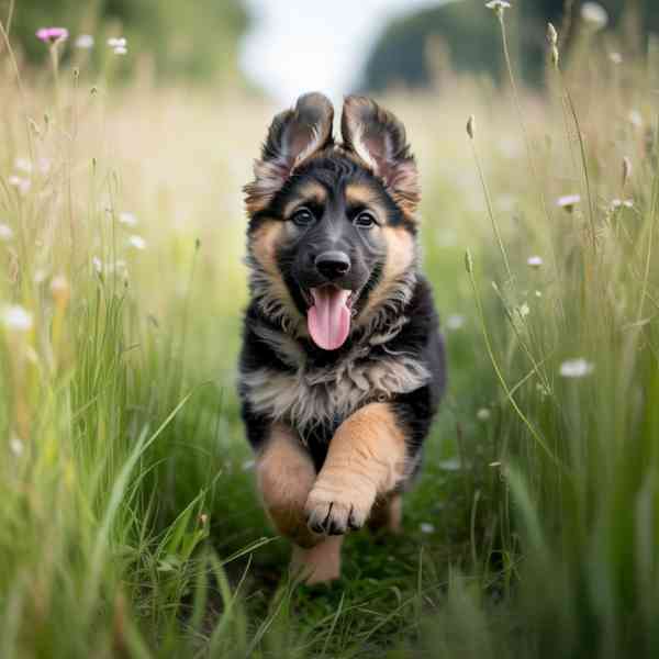 Chiot courant joyeusement dans un champ d’herbes hautes, langue sortie et oreilles au vent.