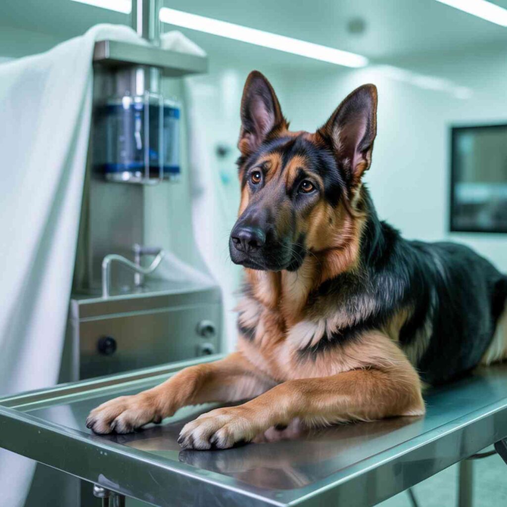 Un berger allemand allongé sur une table d’examen dans une clinique vétérinaire moderne, regard inquiet.