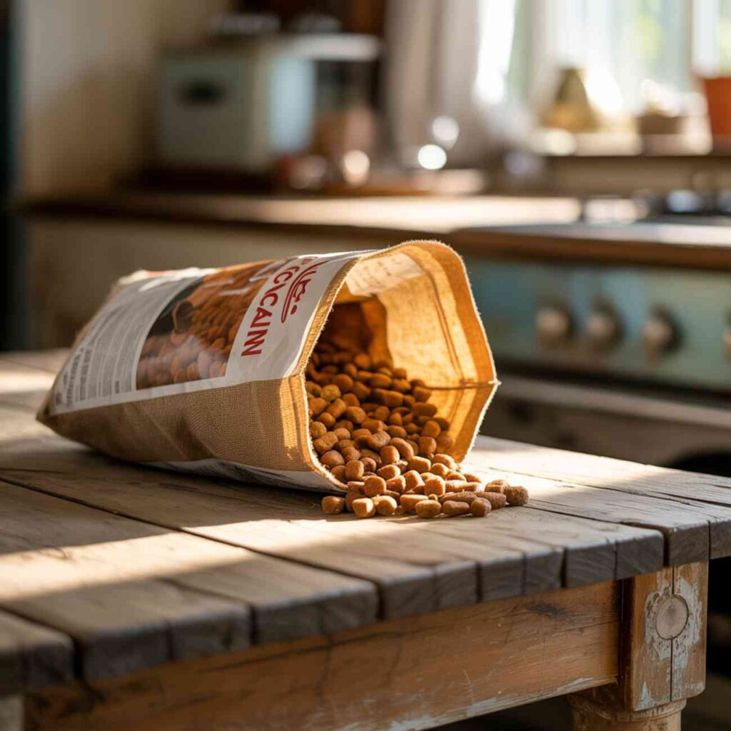 Un sac de croquettes ouvert repose sur une table en bois dans une cuisine, les croquettes se déversent sur la surface.