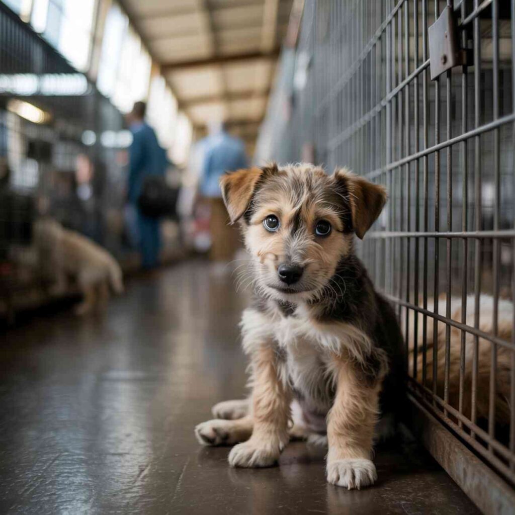 Un chiot assis au sol, derrière les barreaux d’un refuge animalier, regardant avec des yeux tristes.