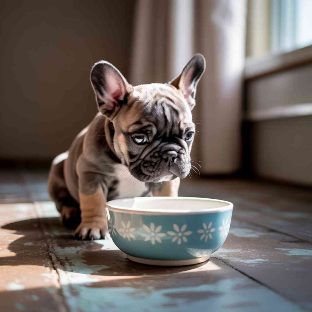 Un chiot bouledogue français regarde tristement une gamelle vide posée au sol, lumière douce entrant par la fenêtre.