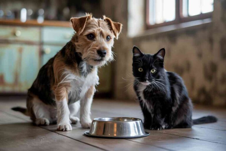 Un chien et un chat assis côte à côte devant une gamelle vide dans une cuisine, regardant avec inquiétude.