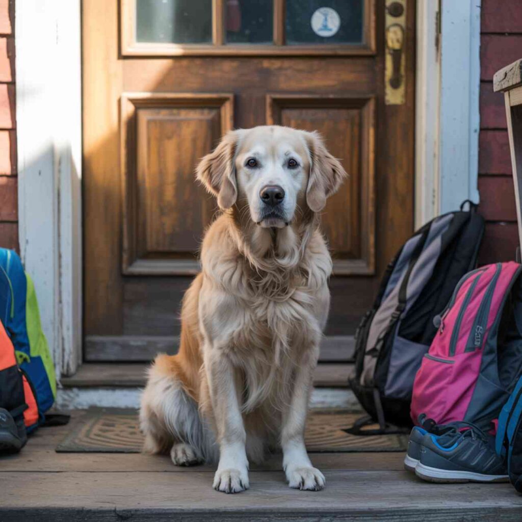 Chien assis devant la porte d’entrée entouré de cartables colorés, symbole de la rentrée scolaire en famille.