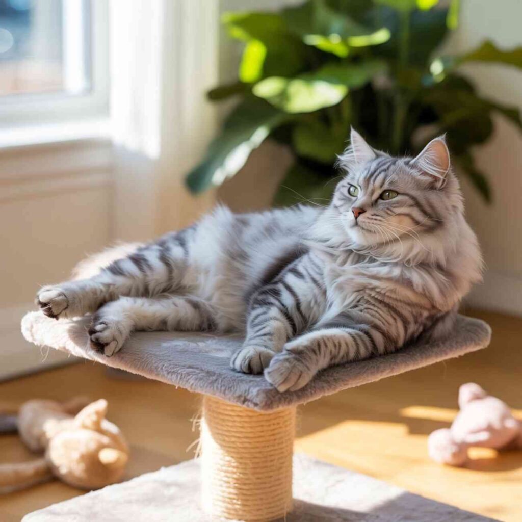 Chat gris tigré allongé sereinement sur son arbre à chat près d’une fenêtre ensoleillée.