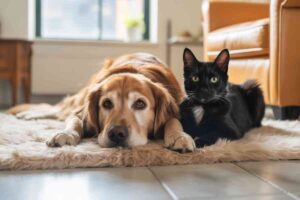 Chien et chat côte à côte allongés sur un tapis dans un salon lumineux, symbole de complicité à la rentrée.
