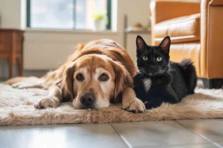 Chien et chat côte à côte allongés sur un tapis dans un salon lumineux, symbole de complicité à la rentrée.
