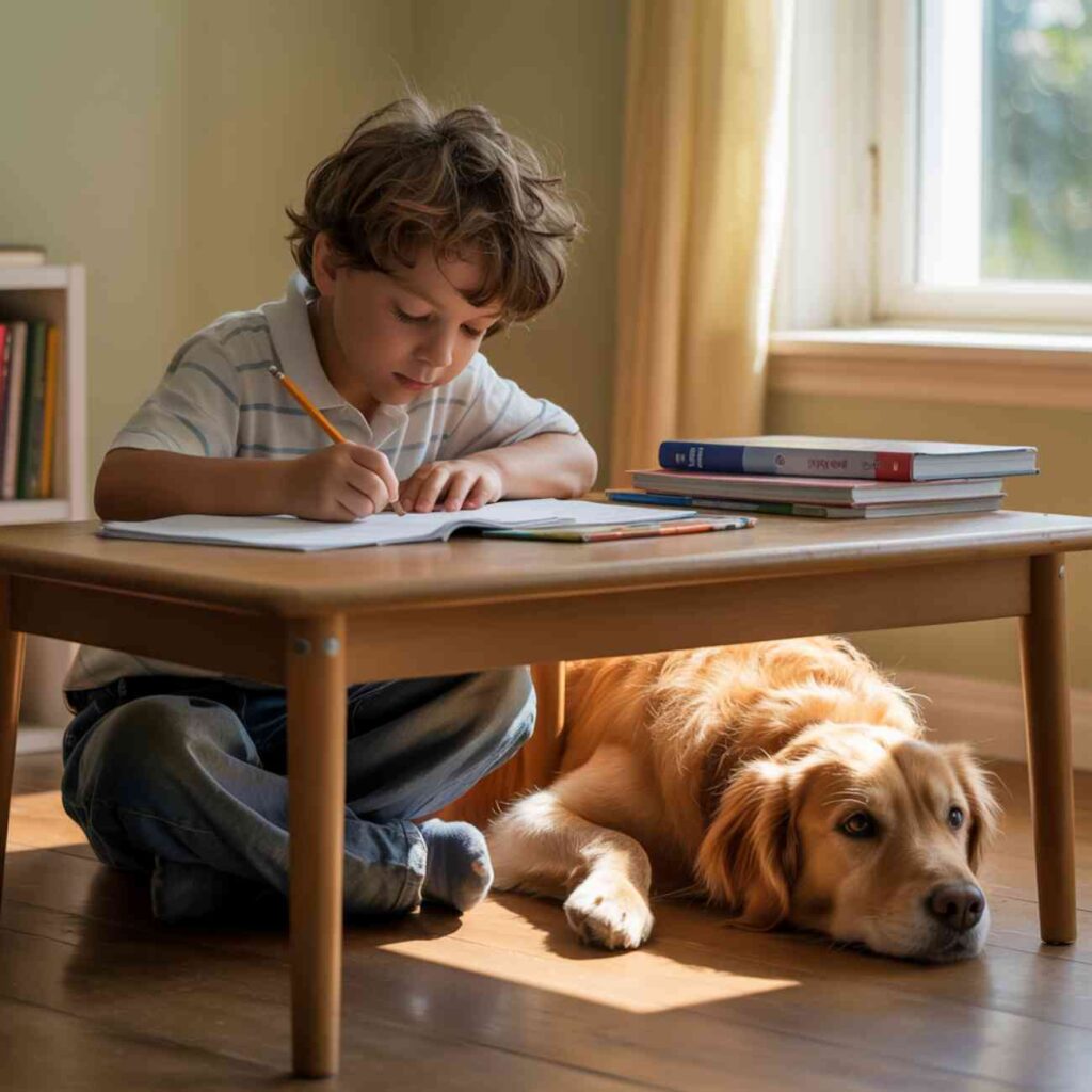 Enfant faisant ses devoirs assis à une table, accompagné d’un chien couché calmement à ses côtés.
