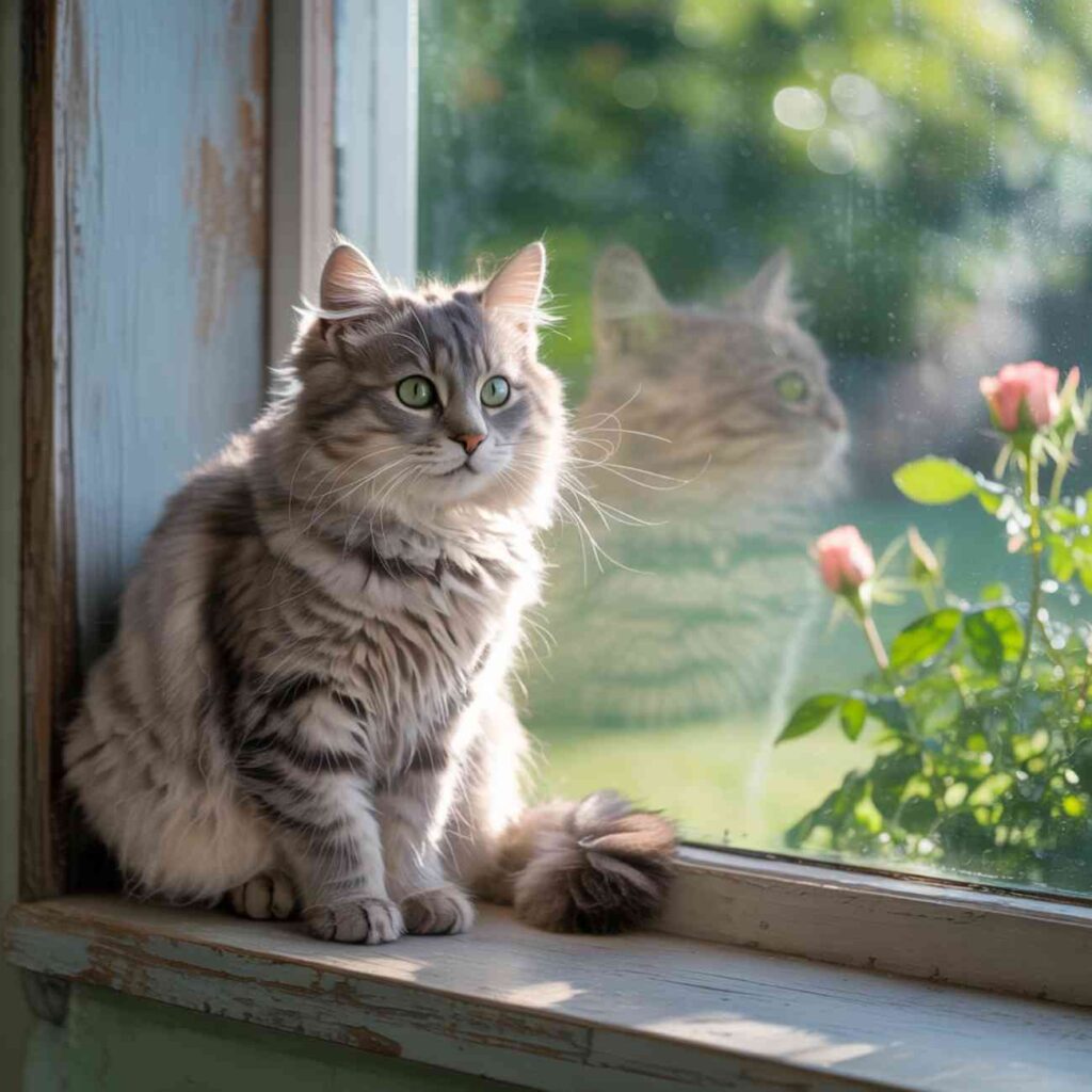 Chat gris tigré assis sur un rebord de fenêtre, observant paisiblement le jardin ensoleillé.