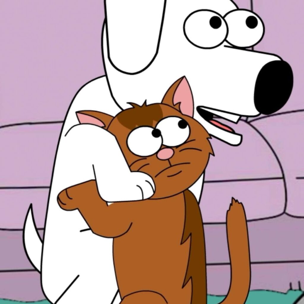 Rex, le chien, serre Minou, le chat, dans ses pattes avec une expression de peur face à l’aspirateur – illustration humoristique Rex & Minou #13