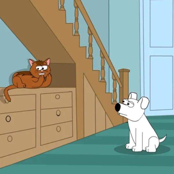 « Rex, chien blanc, et Minou, chat roux, discutent dans la maison – illustration de l’épisode 12 “Le Muselé” de la série Rex & Minou. »