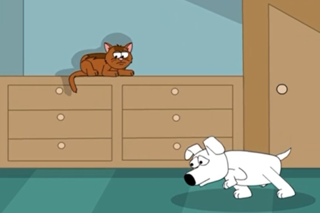« Rex, chien blanc, avance vers Minou, chat roux perché sur une commode – illustration de l’épisode 12 “Le Muselé” de la série Rex & Minou. »