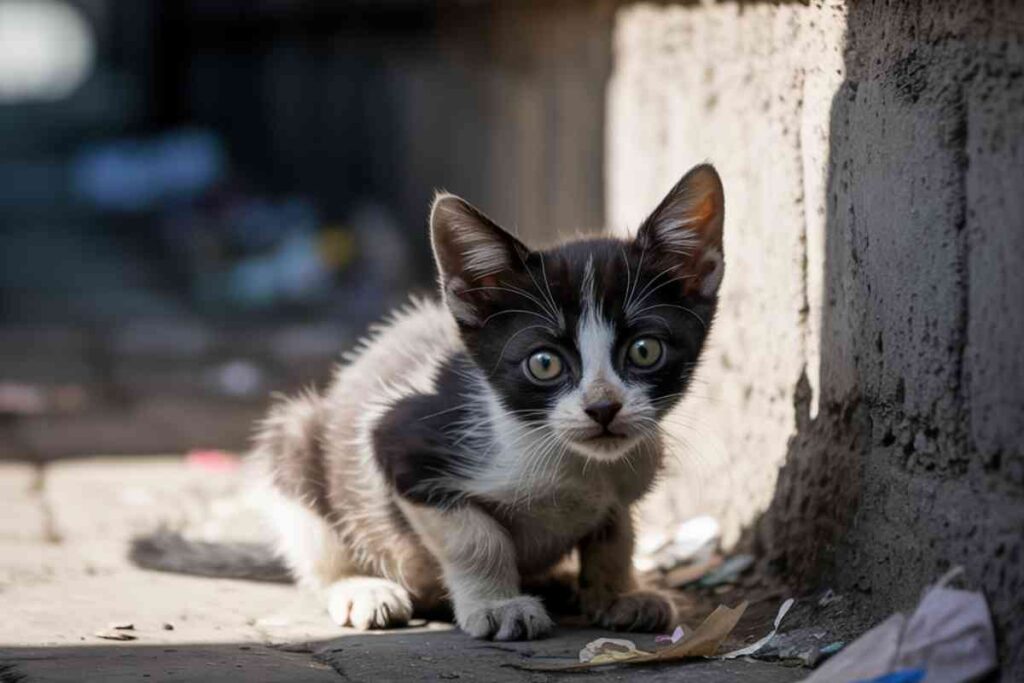 Petit chaton noir et blanc aux grands yeux apeurés, assis sur un sol sale près d’un mur, symbole de fragilité et d’abandon.