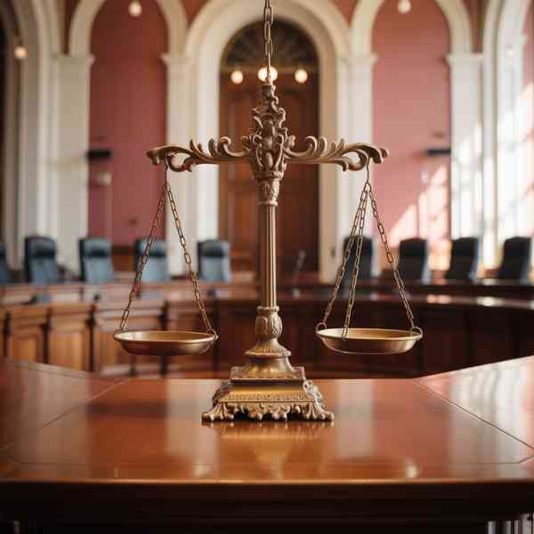 Balance de justice en bronze posée sur une table de tribunal vide, symbole de la justice et des procès à venir.