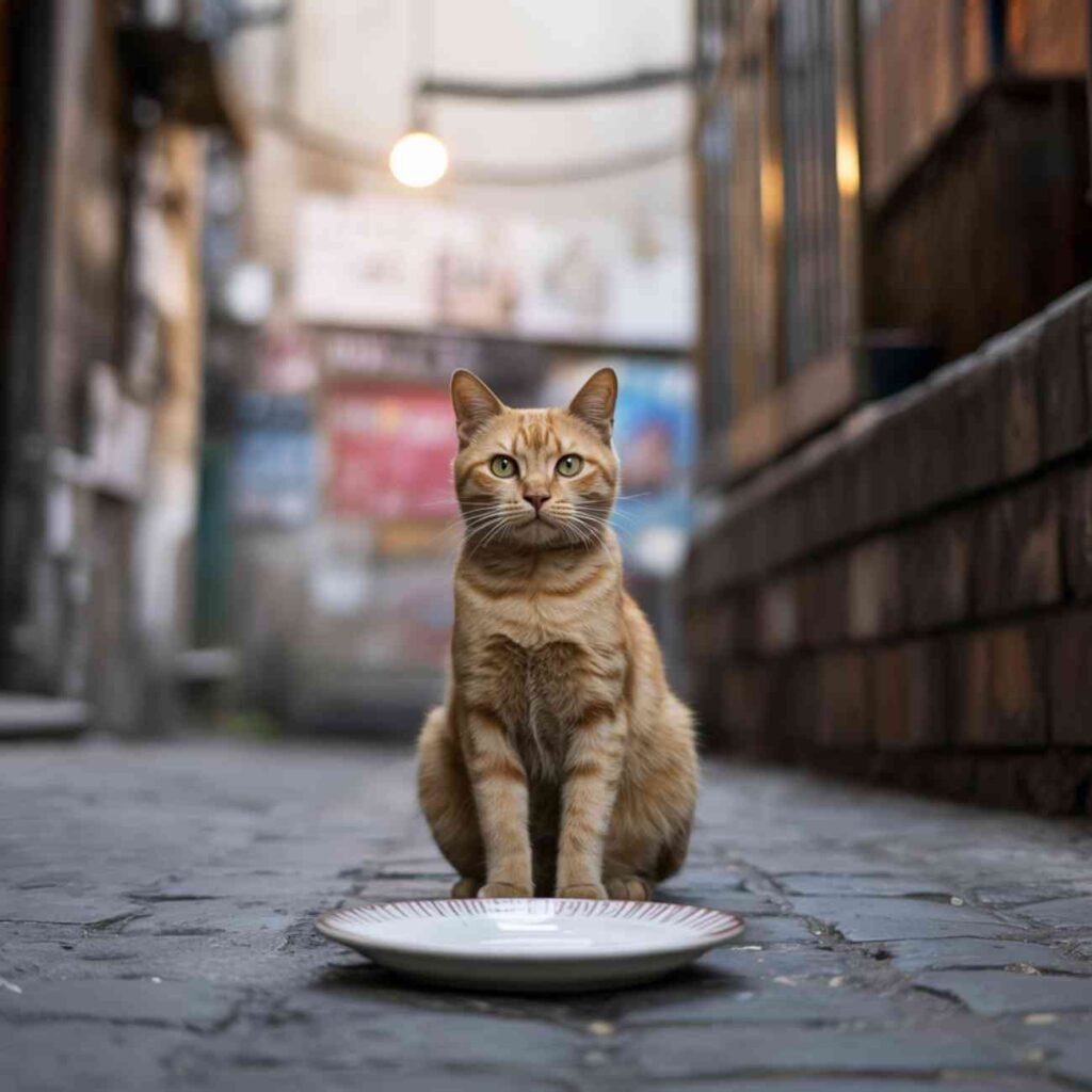Chat errant roux assis sur un pavé devant une assiette vide, illustrant la faim et la précarité des animaux des rues.