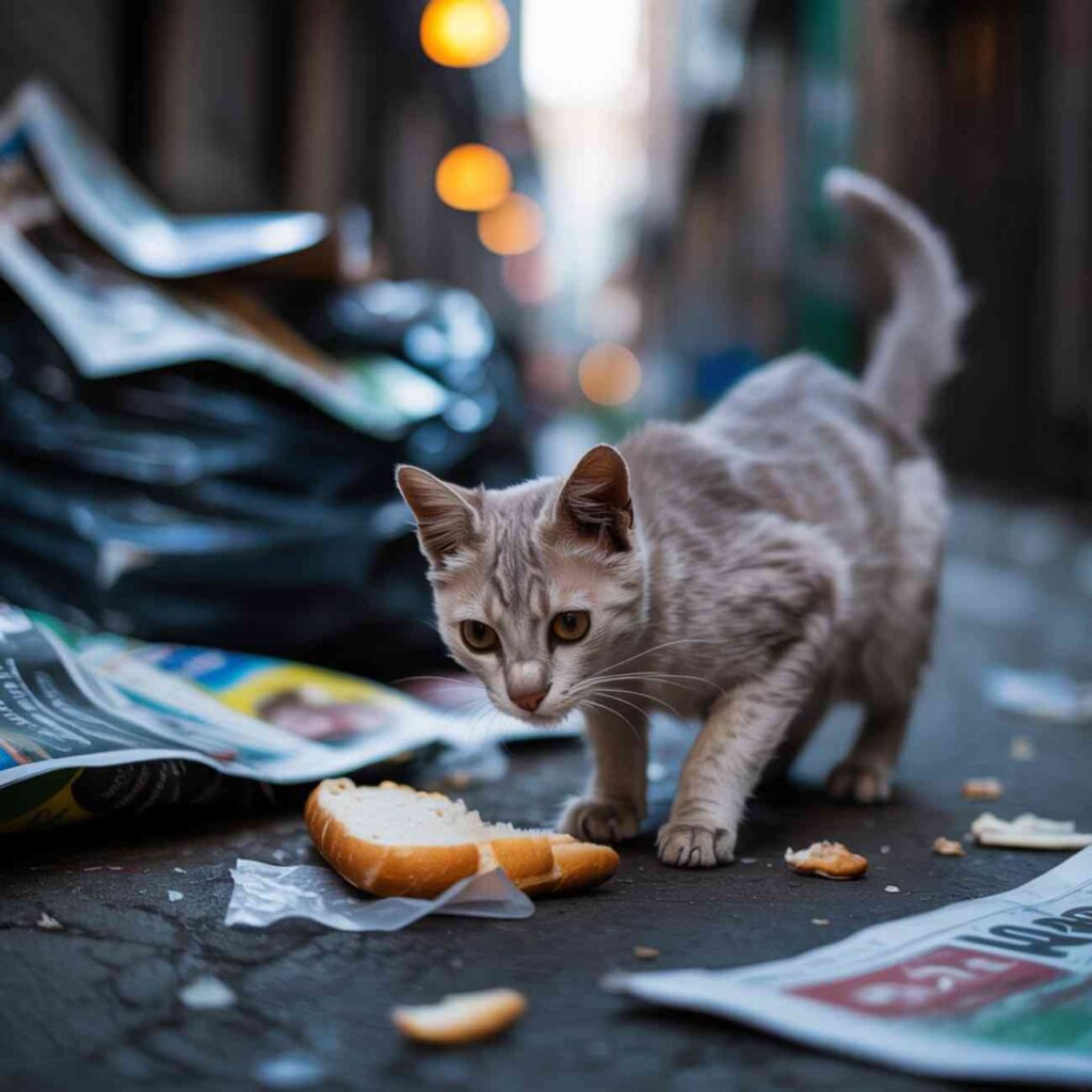 Chaton errant gris cherchant à se nourrir parmi des déchets et des morceaux de pain dans une rue.