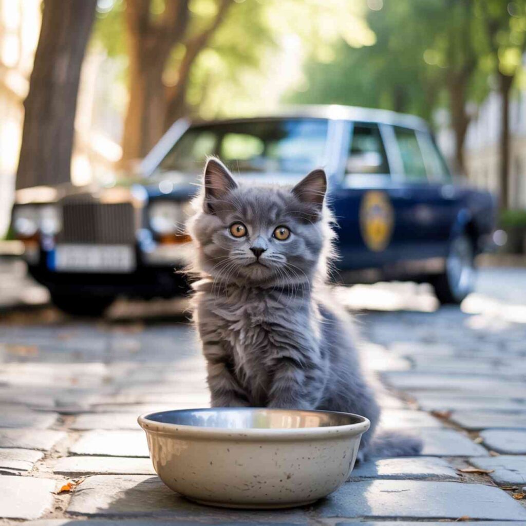 Chaton gris assis devant une gamelle vide, avec une voiture officielle floue en arrière-plan.