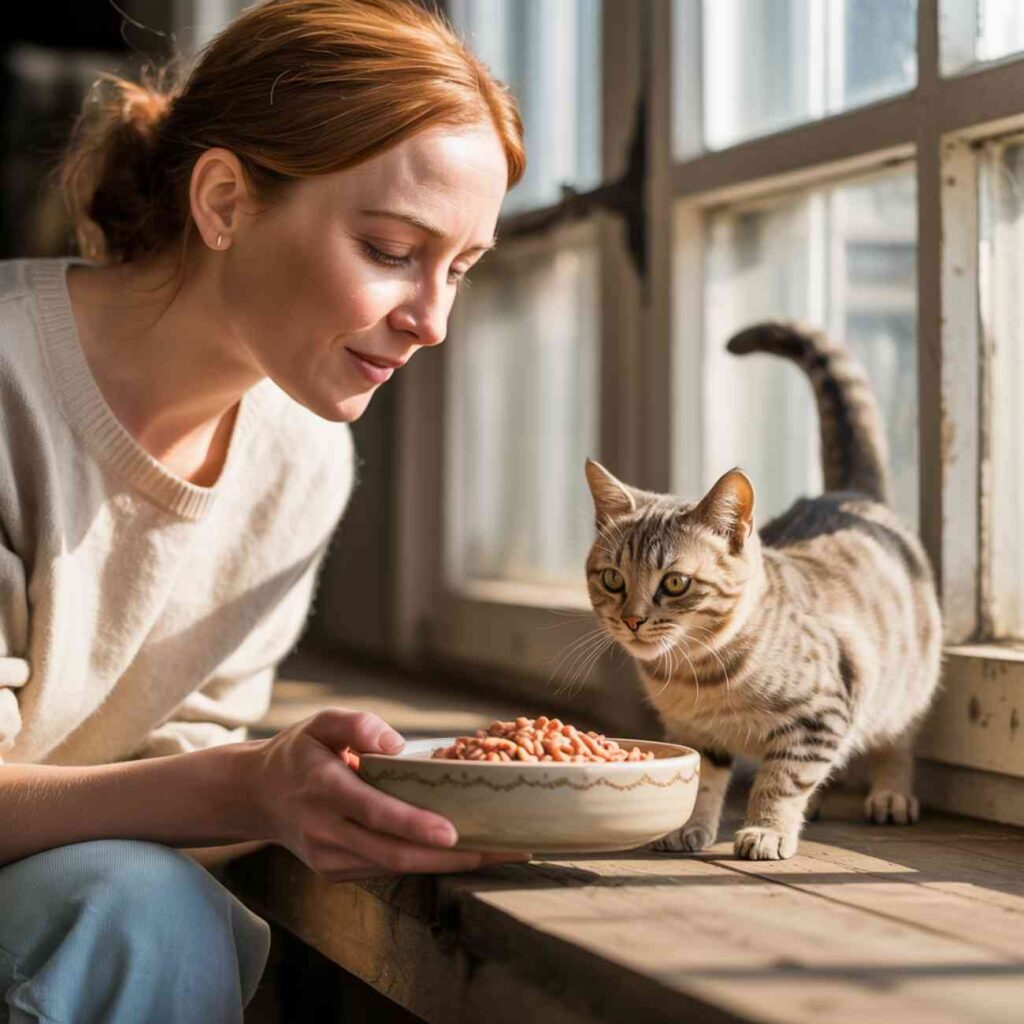 Femme souriante nourrissant un chat errant avec une gamelle de croquettes dans un rayon de soleil.