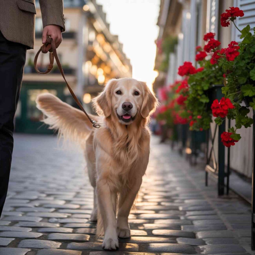 Un chien en laisse marche joyeusement dans une rue pavée bordée de fleurs rouges.