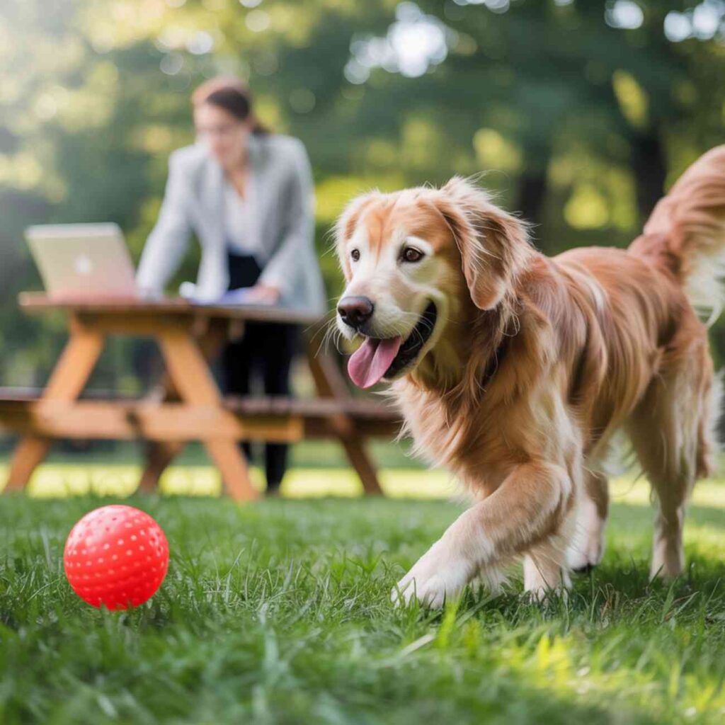 Un chien joue avec une balle rouge sur l’herbe, tandis qu’une personne travaille sur un ordinateur portable en arrière-plan.