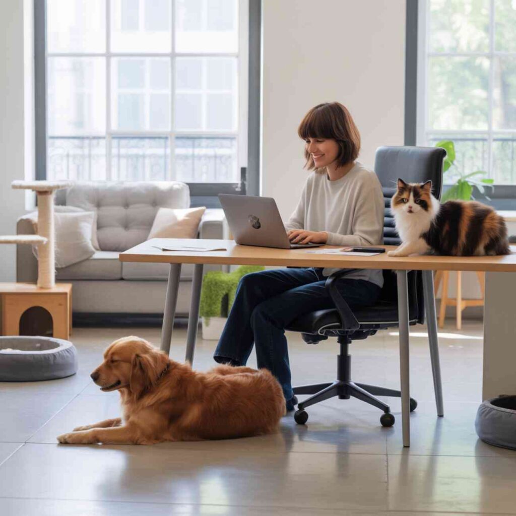 Une femme travaille sur un ordinateur portable dans un bureau lumineux, accompagnée d’un chien au sol et d’un chat posé sur le bureau.