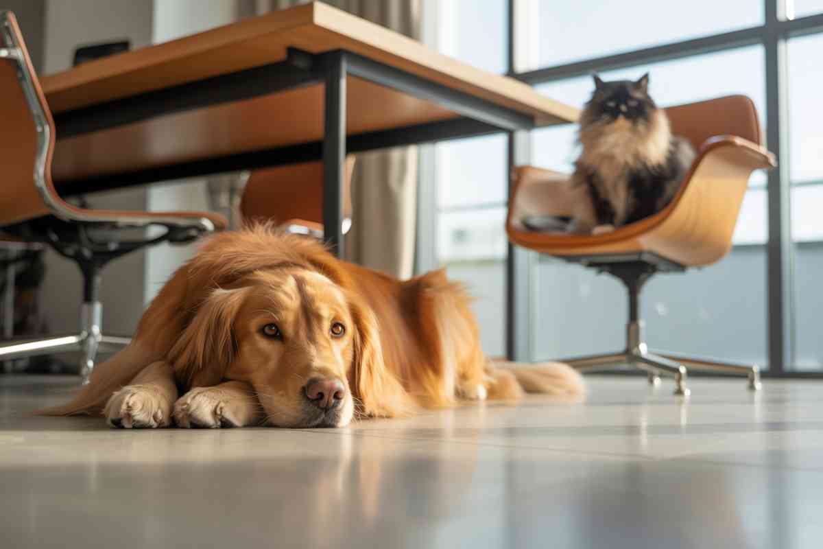 Un chien allongé au sol et un chat installé sur une chaise dans un espace de coworking lumineux.