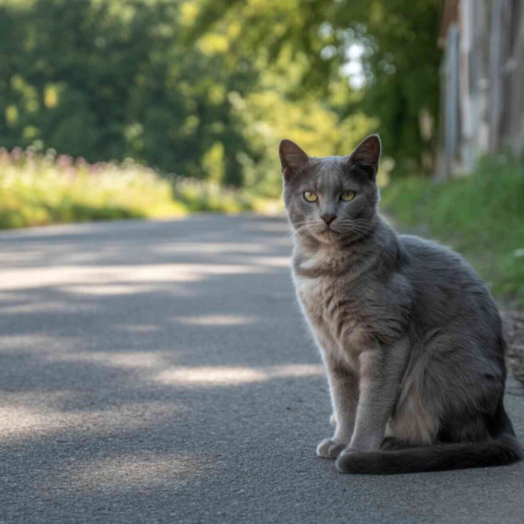 Chat gris assis au milieu d’une route de campagne, en pleine journée