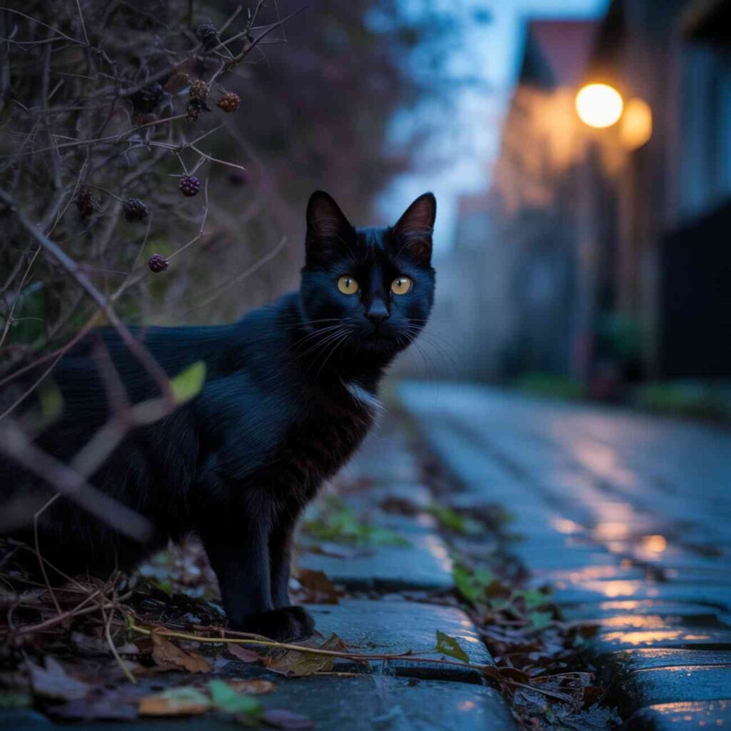 Chat noir aux yeux jaunes se tenant près d’une haie dans une ruelle pavée la nuit