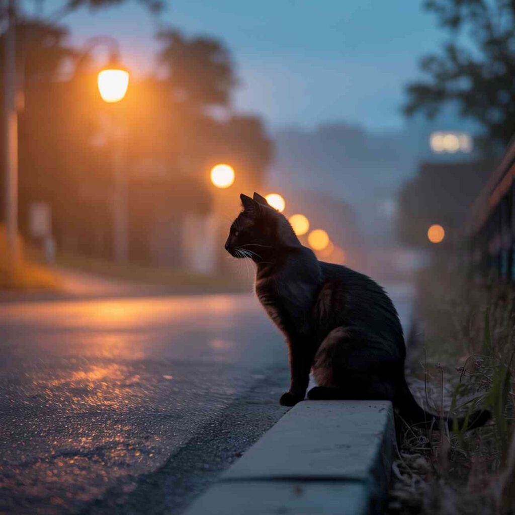 Chat noir assis sur un trottoir, regardant une route éclairée par des lampadaires la nuit