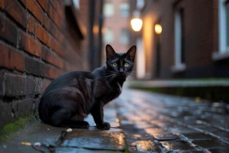 Chat noir assis dans une ruelle pavée, éclairée par des lampadaires la nuit